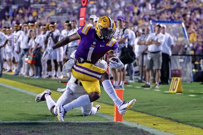 LSU wide receiver Kayshon Boutte punches in a touchdown for the Tigers against Central Michigan.